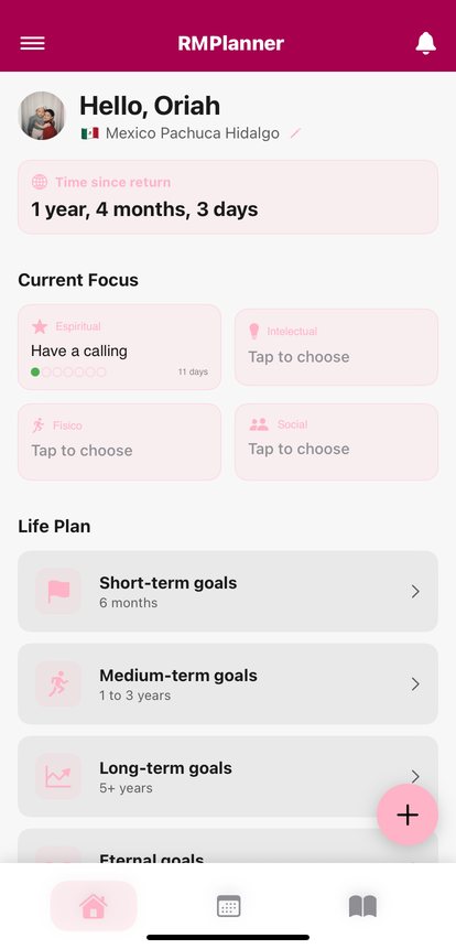 RMPlanner home screen with time since return, current focus and life plan
